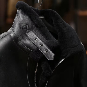 Chaqueta de Cuero para Hombre, Estilo Aviador, Forrada con Borrego, con Cuello Alto, Impermeable y Cortavientos, de Cuero Premium - Product Image 5