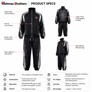 Conjunto Deportivo para Hombre, Negro y Plateado, con Cierre Completo, Paneles Reflectantes, Secado Rápido, Poliéster, para Otoño, Cortavientos - Product Image 5