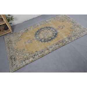 Tapis turc vintage jaune et bleu Patchwork Design laine et latex tissé à plat pour décor de salon 3.7 'X 6.9' - Product Image 2