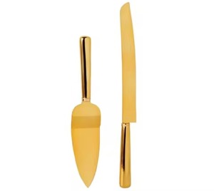 Juego de cuchillos y servidores para pasteles de acero inoxidable con aspecto de lujo, servidores de pastelería, juego con acabado dorado de dos usos para servir y cortar pasteles - Product Image 1