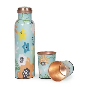 Industrial Quality Copper Travel Water Bottle With A Floral Design Enameled Kitchenware and Made In India Best Seller