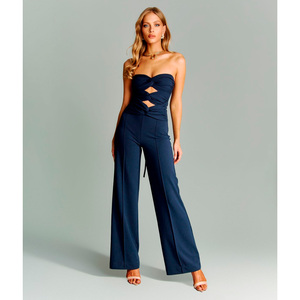 Women's 2 Piece Long Set Solid Short Sleeveless Tailored Suit Blazer <b>Strapless</b> <b>Top</b> Belt Pants Elegant Fashion Outfit <b>Black</b> - Product Image 5