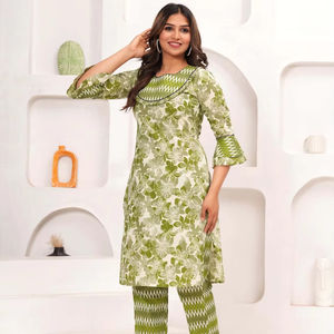 Green Floral <b>Kurta</b> Set, Cotton <b>Kurta</b> with Zig-Zag Printed Pants, Perfect for Casual or Festive Wear set for <b>women</b> - Product Image 1