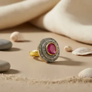 แหวนเพชรและทับทิมทรงเรขาคณิตสำหรับผู้หญิง ชุบโรเดียม แพลตตินัม 10K ของขวัญเครื่องประดับ - Product Image 2