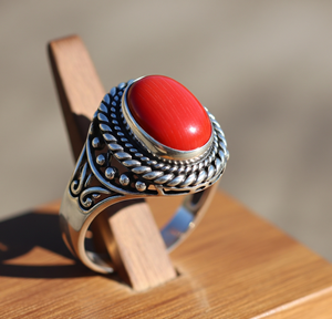 Anillo de Moda con Bisel de Acero Inoxidable, Piedra Principal de Coral Rojo Personalizada, Oro Rosa, para Bodas y Fiestas, Regalo - Product Image 3