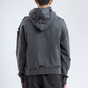 Broderie d'appliques personnalisée en détresse High street 100% coton léger lavé à l'acide sans ficelle sweats à capuche avec fond coupé - Product Image 2