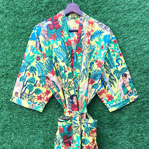 ชุดคลุมกิโมโนผ้าฝ้ายพิมพ์ลายสำหรับผู้หญิง, ชุดคลุมยาวชุดใส่อยู่บ้านคอวีถักแบบผูกเชือกระบายอากาศได้อย่างรวดเร็ว - Product Image 1