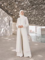 Ensemble 2 pièces en maille côtelée blanc nacré personnalisé ODM/OEM : Longue veste cardigan et pantalon large – Tenue modeste style Abou Dhabi – Vente en gros