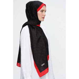 Black Polyester Rectangular Patterned <b>Scarf</b> with <b>Red</b> Border-Headpiece & Neckerchief - Product Image 4