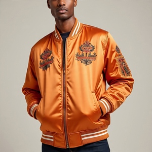 Parches bordados de alta calidad, chaquetas de bombardero, chaqueta de bombardero Varsity de satén con botones para hombre - Product Image 1