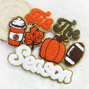 Wholesale Halloween Chenille Pumpkin Patches Adhesive Iron On Gold Glitter Ghost <b>Face</b> Patches For Clothing Bags - Product Image 1