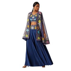 Blue <b>Jacket</b> And Palazzo Set With Floral Motif Embroidery Wholesale <b>Women</b> Ethnic Apparel OEM Clothing Factory Supplier Outfit - Product Image 2
