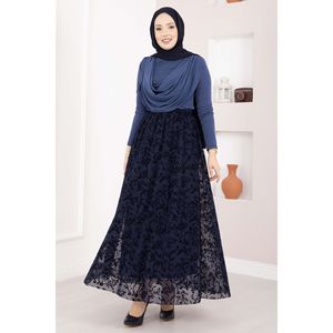 Falda de Gasa Elástica con Cintura Impero, Plisada, Bordada con Flores, en Azul Marino, con Estampado Digital y Forro de Tul Flocado Transpirable - Product Image 1