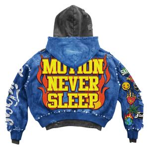 Custom Eco-Friendly Windproof Plus Size Cropped Distressed Zip Sweatsuit Rhinestone Streetwear Tracksuit Baggy Shorts Winter Set - Product Image 3