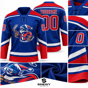 Maillot de hockey sur glace personnalisé SINEWY SPORTS pour homme, bleu, rouge, blanc, impression sublimée, évacuation de l'humidité, manches longues, col en V, double sangle - Product Image 5