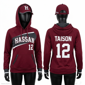 Sudadera con capucha para práctica de béisbol para mujer, 280 GSM, forro polar de poliéster premium, color granate y gris, paneles en contraste, sudaderas personalizadas para entrenamiento para mujer - Product Image 1