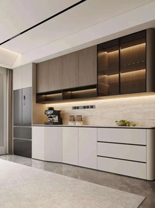Consola de Almacenamiento Contemporánea para Comedor con Construcción de Tablero MDF, Centro para Bebidas, Puertas Altas, Áreas de Exhibición Iluminadas y Personalizadas - Product Image 3