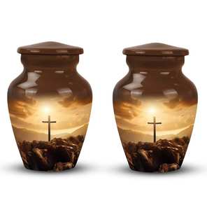 Urna de símbolo cristiano, urna conmemorativa pastoral brillante para el hogar para cenizas humanas, montaña, puesta de sol, atardecer pacífico, urna de Cruz bíblica divina - Product Image 2