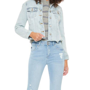 Chaqueta vaquera recortada azul medio para mujer Chaqueta corta larga con forro de lana adornado con diamantes de imitación a precio bajo OEM al por mayor - Product Image 1