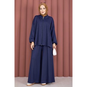 Conjunto Casual Azul Marino de Dos Piezas, Túnica con Cierre Decorativo y Pantalones, Se Puede Usar por Separado o Juntos - Product Image 4