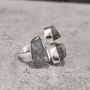 Bague pour femme en pierre brute naturelle, labradorite, triple pierre, ajustable, en argent sterling 925, pour Noël - Product Image 1