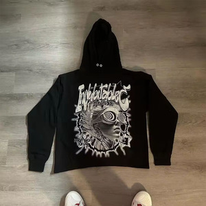 Hombres de calidad superior Raw Hem Pullover Algodón mezclado con capucha Impresión personalizada Calidad Premium Street Style Hoodie - Product Image 6