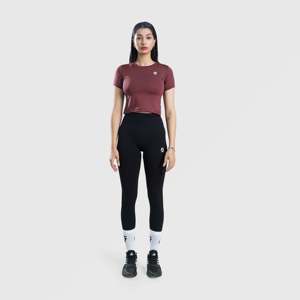 W024 Cropped Half Sleeve Spandex Tee Maroon Breathable Lightweight Workout Fitness Fashion Front Logo Print Recyclable Seamless - Product Image 4