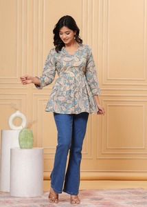 Haut tunique en pur coton pour femme à manches longues imprimé à la mode tissé avec une taille naturelle respirante et lavable - Product Image 5