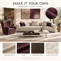 Ensemble de meubles modernes beige et prune sur mesure pour toute la maison : canapé courbé, fauteuil à dossier haut, table à manger ronde et lit rembourré
