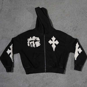 Fabricación de conjuntos de Sudadera con capucha y pantalones de chándal de algodón de peso pesado lavado con ácido parches bordados chándales con cremallera - Product Image 2