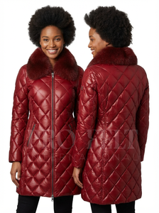 Manteau d'hiver matelassé long imperméable pour femme, col en fausse fourrure, chaud, rembourré, fermeture éclair, coupe ajustée, vêtements d'extérieur, manteaux matelassés - Product Image 5