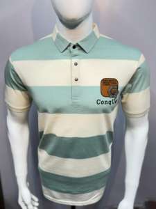 <b>Men's</b> Slim Fit Casual Cotton Blend <b>Short</b> <b>Sleeve</b> for Polo T-<b>Shirt</b> <b>White</b> Striped with Front Badge Patch - Product Image 3