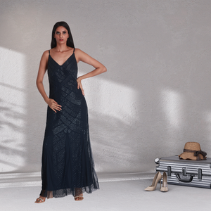 Vestido de Noche Azul Marino elegante de alta calidad con cuentas a mano con cuello en V y tirantes finos vestido de fiesta Formal de lujo - Product Image 1