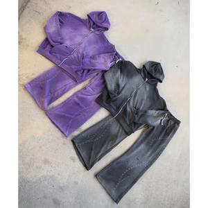 Ensemble de survêtement Jogger de haute qualité pour hommes, pantalon de survêtement évasé et ensemble de sweat-shirt en coton, sweat-shirt à fermeture éclair avec strass - Product Image 3