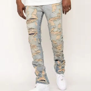 กางเกงยีนส์ทรงตรงเอวสูงสไตล์วินเทจสำหรับผู้ชาย แต่งขาดแบบดิสเทรส สไตล์ไฮสตรีท ล้างสี ซับในผ้าฟลีซ กันน้ำ - Product Image 1