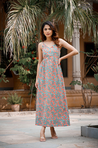 Vintage Floral Elegance Screen Printed vestido de algodón 100% lavable Midi longitud acampanada transpirable para ocasiones casuales diarias - Product Image 3