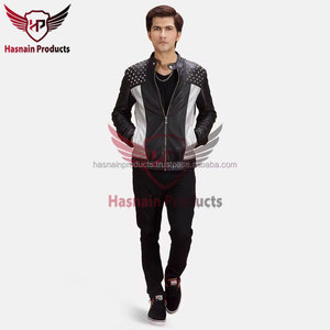 Mens Real Black <b>Silver</b> Leather <b>Jacket</b> Studded Shoulder Snap Collar Sheepskin Biker Coat Two Tone Punk Custom Winter Outerwear - Product Image 6