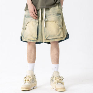 100% coton Shorts haute qualité taille élastique Logo personnalisé Cargo Jean Shorts foncé Vintage lavé grande taille hommes Shorts - Product Image 5