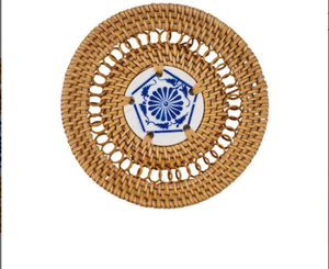 Ensemble de sous-verres en rotin carré rond traditionnel de style classique 6 pièces comprenant une boîte pour tasses bols à des fins décoratives - Product Image 3