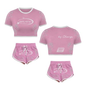 Premium Polyester Spandex Women Booty Set Crop <b>Top</b> Shorts Set <b>Rhinestone</b> Heat Transfer Custom Logo 100% Cotton Women Booty Set - Product Image 1