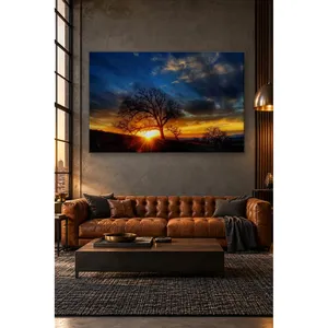 Silhouette d'un arbre isolé au coucher du soleil, impression sur toile - Product Image 1