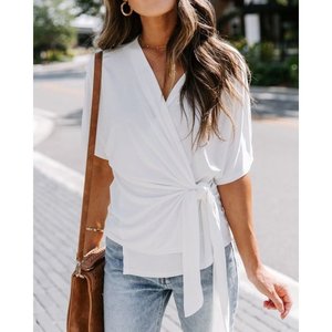 Blusa de viscosa con cuello cruzado y lazo lateral para mujer, 37044 - Blanco - Product Image 1