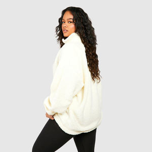 Jersey de 14 cremalleras con cuello levantado, chaqueta de lana para mujer, bordado lavado, de gran tamaño, con hombros caídos y un cuarto de cremallera, Sudadera con capucha - Product Image 5