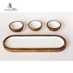 Best-seller Plateau de service moderne ovale en bois 3 bols en émail blanc pour Diwali Ramadan Mariage Décoration intérieure Service multifonctionnel - Product Image 2
