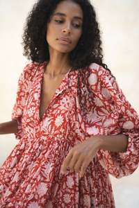 2024 vestidos casuales de verano para mujer bloque de mano impreso 3/4 mangas algodón precio al por mayor largo Floral Maxi vestido rosa - Product Image 4