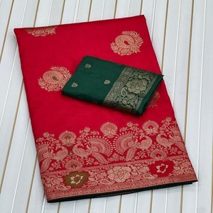 Sari de Seda Dola Pura de Lujo VASTRA COTTAGE con Bordado Meenakari Zari, Borde con Secuencia de Codificación y Blusa en Contraste - Product Image 1