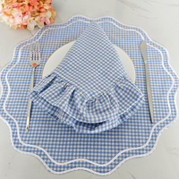 Blue Gingham 100% Napperon rond en lin OEKO-TEX certifié brodé avec double bord festonné pour la maison Table à manger en gros