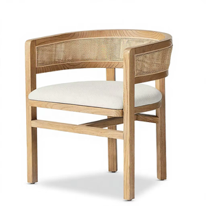 Natural Cane <b>Accent</b> Dining <b>Chair</b> with Curved Wooden Backrest and Minimalist Silhouette, Featuring Soft Cream Seat Upholstery - Product Image 1