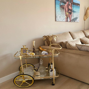 Carrito de barra dorado y transparente moderno, diseño redondo de dos niveles, compacto y elegante. Ideal para espacios pequeños. Disponible a precio mayorista - Product Image 3