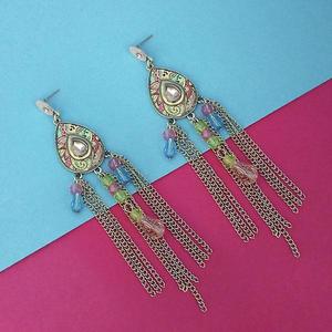 Urthn 1311827D Pendientes de borla de gota de cadena de piedra verde chapados en rodio Accesorio de moda - Product Image 1